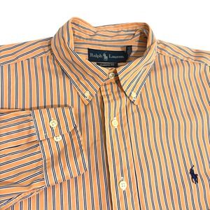 Ralph Lauren Button Down Shirt Mens L Orange Blue Striped Classic Fit Preppy